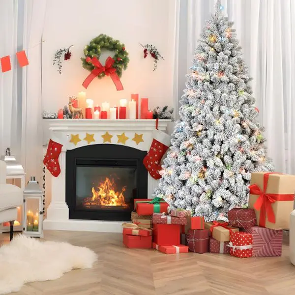 6FT Flocked Shabby Chic Colorful Holiday Christmas Tree - 350 Multicolor UL Lights, 36 Natural Pine Cones, 888 Snowy PVC Tips, Hinged Branches, Stable Metal Stand, Easy Setup, Matte Decor for Bonfire Gatherings, Kid Room, Valentines Day