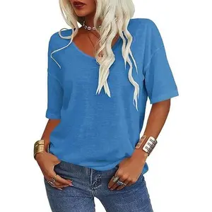 Womens V Neck 3 4 Sleeve Loose Fit T Shirt Casual Solid Color Summer Tunic Top