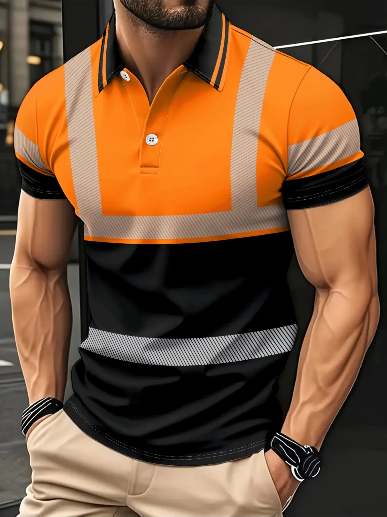 Men's casual summer collared polo shirt, Breathable Polo Shirts, Polo style, in fluorescent green and orange contrast colors, collar designed with contrast edge finishing, buttons allow easy collar tightness adjustment, fabric breathable and quick-drying