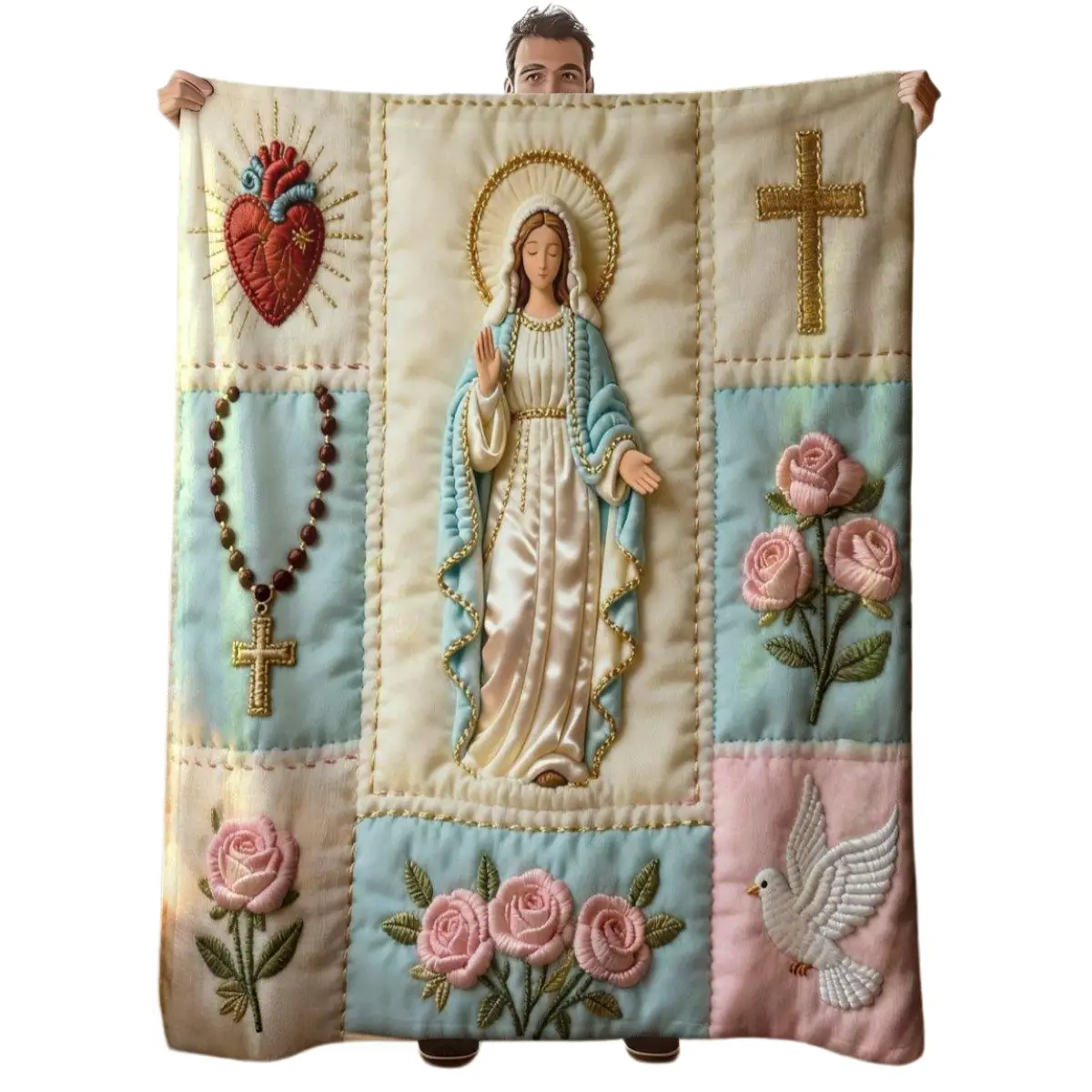 Christian Religious Virgin Mary Rosary Cross Pastel Pink Rose Dove Patchwork Soft Plush Warm Anti-Static Breathable Wrinkle-Resistant 2D Flat Print Multi-Size Throw Blanket - Vintage Embroidery Decor, Catholic Communion/Baptism Gift for Couch Bedroom, Bre