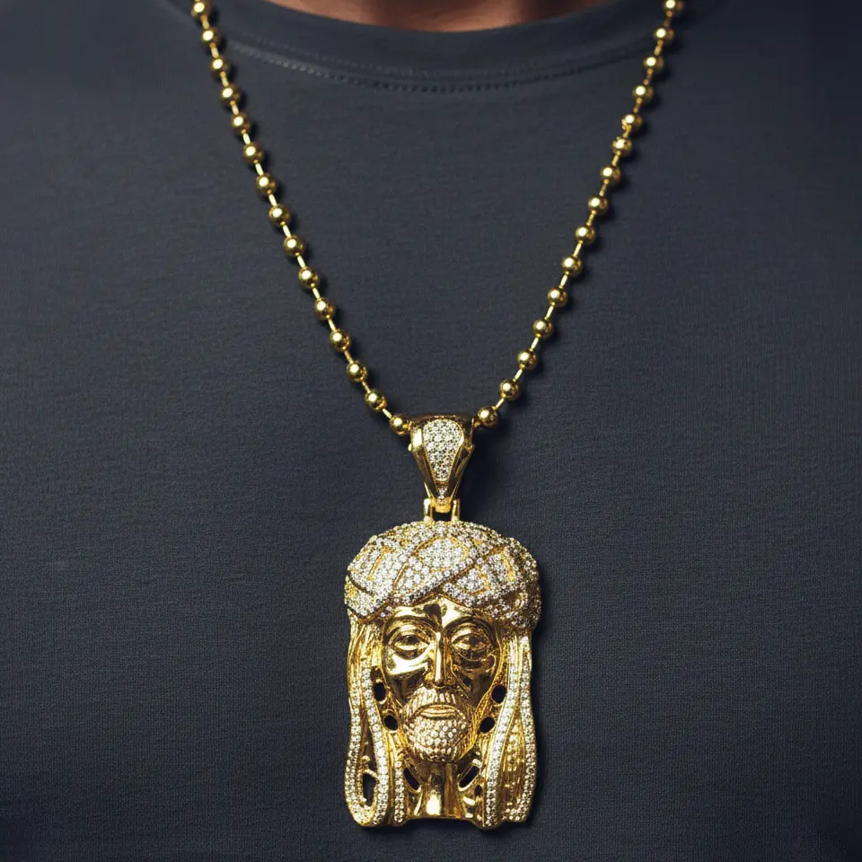 MaxBling81 Unisex High-Quality Gold-Plated Hip Hop Celebrity Style Fashion Pendant Necklace with Cubic Zirconia, 30" Chain-and-Link Ball Chain (5mm), Spiritual Casual Daily Wear Jewelry Gift