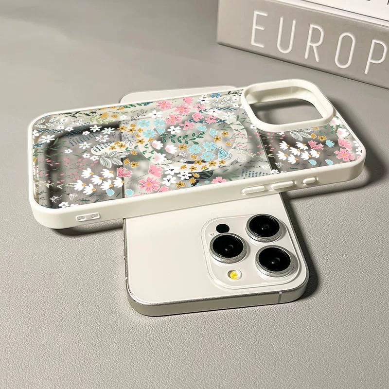 Chic Botanical Graphic Phone Case Hand-Drawn Style Pink, Blue & Yellow Wildflowers Paired With Lush Greenery Featuring Built-In Strong Magnet Ring Blending Smooth Macaron Texture With Secure Magsafe Compatibility For iPhone 17 16 15 14 13 12 11 X XS