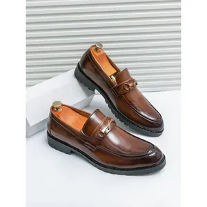 Men's Business Fashion Double Buckle Decorated Loafers, Round Toe Footwear, Formal Occasion Solid Color Dress Shoes, Male All-match Commuter Shoes for Work & Daily Wear