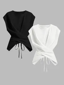 Women's Knit Round Neck Drop Shoulder Sleeve T-Shirt Set, Fashion Casual Asymmetrical Ruched Cross Cutout Back Tie Top