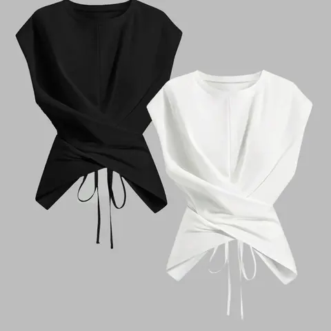 Women's Soft Breathable Knit Round Neck Drop Shoulder Sleeve Basic Everyday T-Shirt Matching Set Fashion Streetwear Chic Asymmetrical Ruched Twist Cross Cutout Back Tie Top Womenswear Knitwear Aesthetic Casual Knitwear