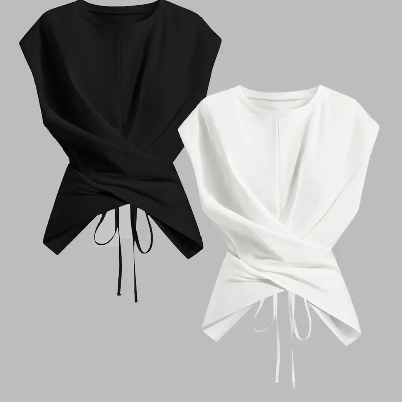 Women's Soft Breathable Knit Round Neck Drop Shoulder Sleeve Basic Everyday T-Shirt Matching Set Fashion Streetwear Chic Asymmetrical Ruched Twist Cross Cutout Back Tie Top Womenswear Knitwear Aesthetic Casual Knitwear