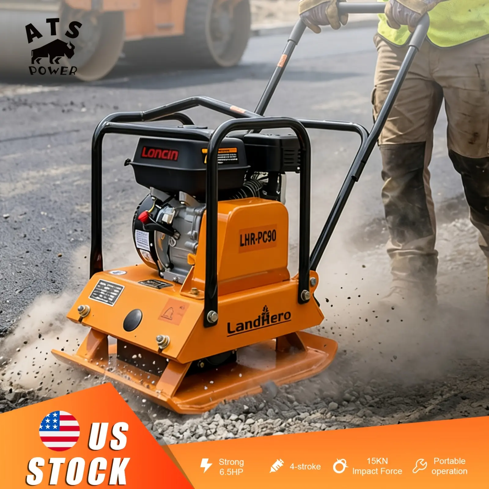 6.5 HP Vibratory Plate Compactor 22" X 17" Base 15 KN Impact Force Foldable Handle And Wheels Manual Roller Compactor For Paving Landscaping Asphalt Foundation And Soil Compaction