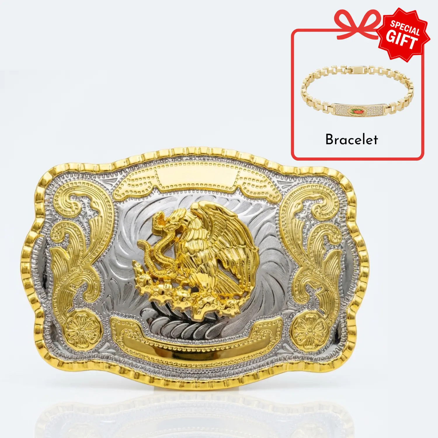 Gold-Tone Mexican Eagle Western Belt Buckle (5.5" x 4") - Hebilla Mexico Escudo Flag - Silver Rodeo Gift for Men