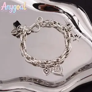 Anygoal 2026 New Unisex 925 Sterling Silver String Bracelet Vintage Heart Cross Pendant Trendy Party Daily Jewelry Gift TikTokShop Y2K Gothic Vintage Heart Cross Bracelet, Unisex Adjustable Jewelry for Daily Wear Party Gifting gym straps