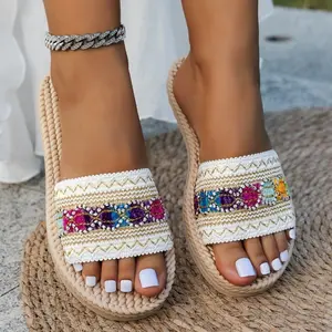 Women's Woven Espadrille Slide Sandals Bohemian Embroidered Summer Beach Shoes