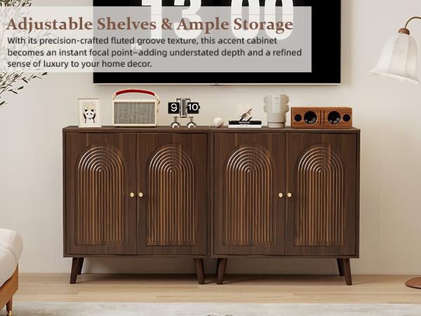 Giratree 31.5" Accent Storage Cabinet, Arched Fluted 2-Door Sideboard | Seamless arched fluted doors, adjustable shelf, soft-close hinges, tapered solid wood legs for versatile room storage