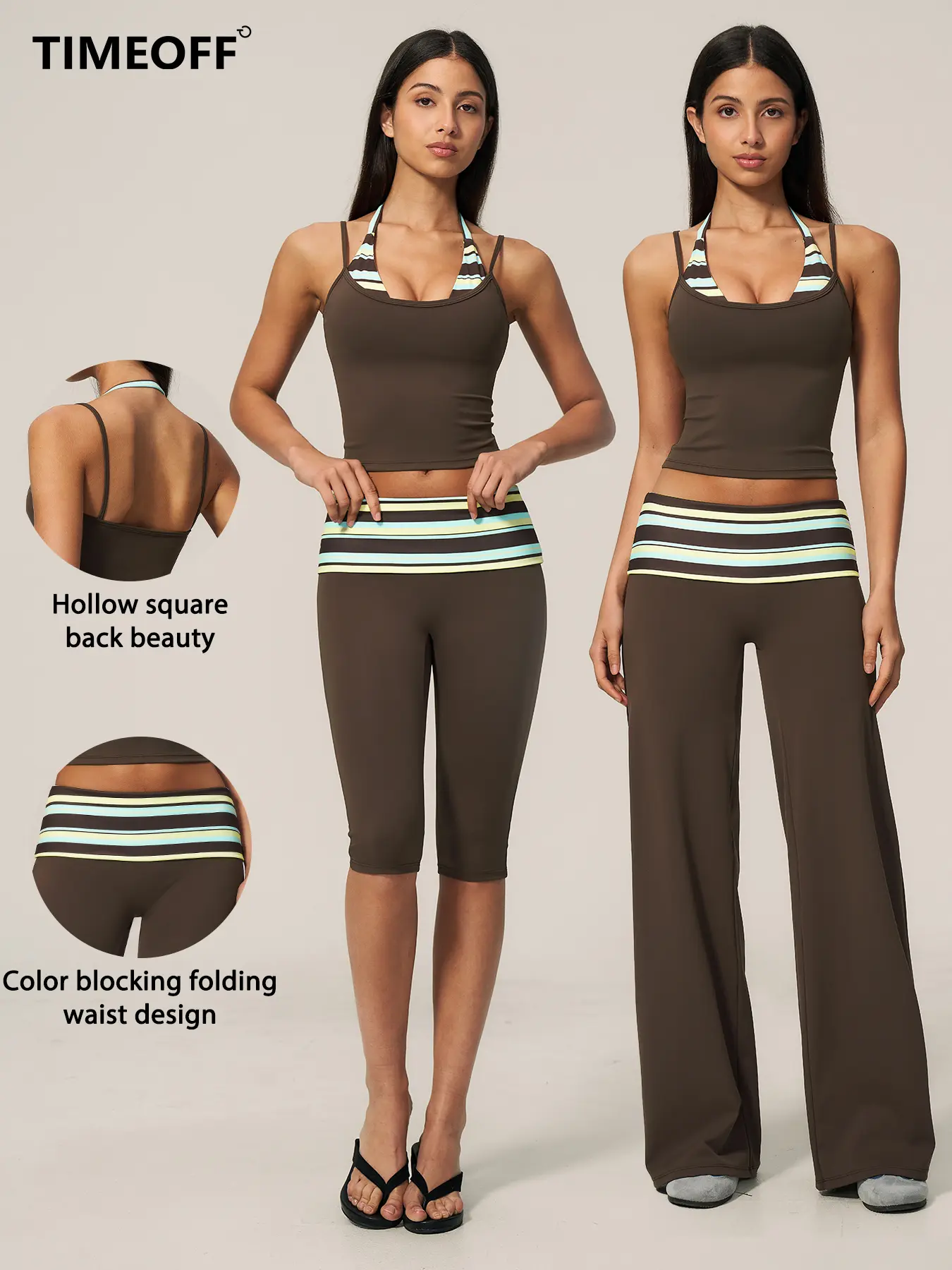 TIMEOFF Halter Tank Top & Fold Over Waist Capri Leggings Active Set, Polka Dot Splicing, Stretchy Soft Fabric, Anti-Slip Waist & Breathable Fit, Avoid Slipping and Tight Restraint, Great for Yoga, Gym Training, Jogging and Daily Casual Sport Wear