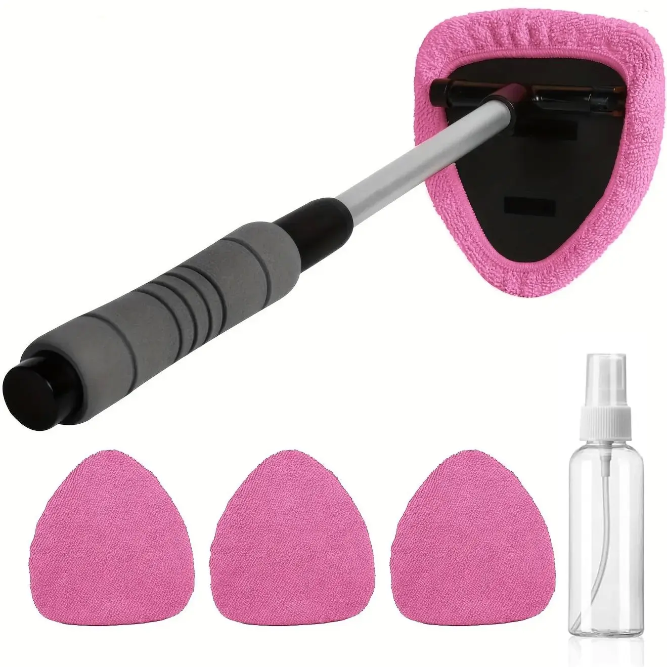Microfiber Windshield Cleaner Tool - Extendable Handle, 4 Pads, Interior/Exterior Glass Wiper, Car Detailing Item, Car Care Products, Washing & Maintenance Accessory Kit