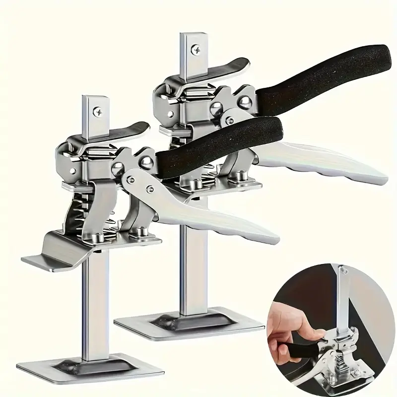 2pcs Carbon Steel Horizontal Hold Down Clamps – Heavy-Duty Hardware Hand Lift Tool with Precise Positioning, Reinforced Support and Soft Rubber Handle for Cabinet, Tile, Door, and Gypsum Board Adjustment Dual Clamp Set