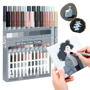Acrylic Paint Pens 22 Colors Gray Tones/Skin tones Assorted Pro Color Series Markers Set Acrylic Art Kit 0.7mm Extra Fine Tip for Rock Painting, Glass, Mugs, Wood, Metal, Canvas, Projects, Non Toxic, Waterbased, Quick Drying