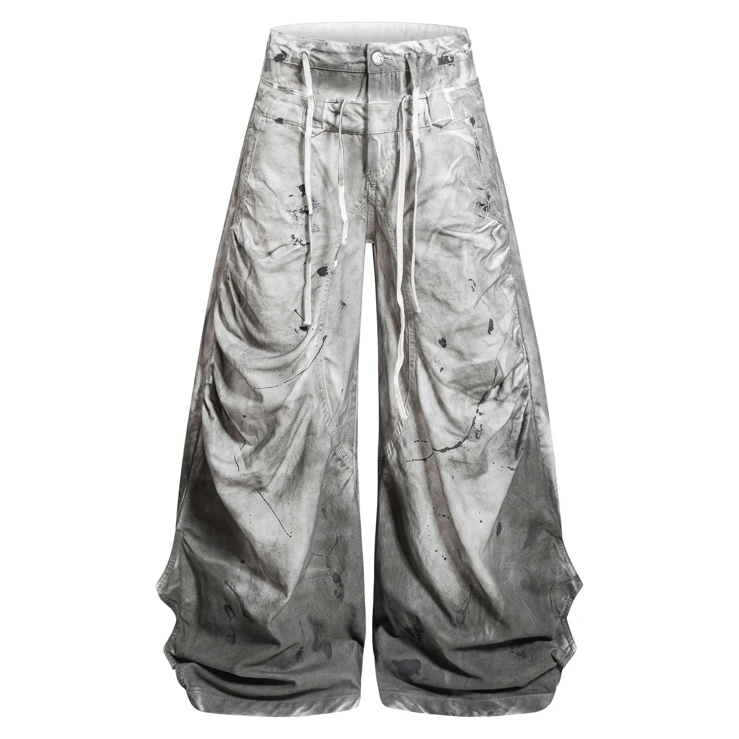 inflation Men's 100% Cotton Retro Baggy Wide-Leg Trousers - Oversize Stylish, Vintage Washed with Ombre Splash Paint, Comfortable Loose Fit, Multi-Layer Waist, Adjustable Strap