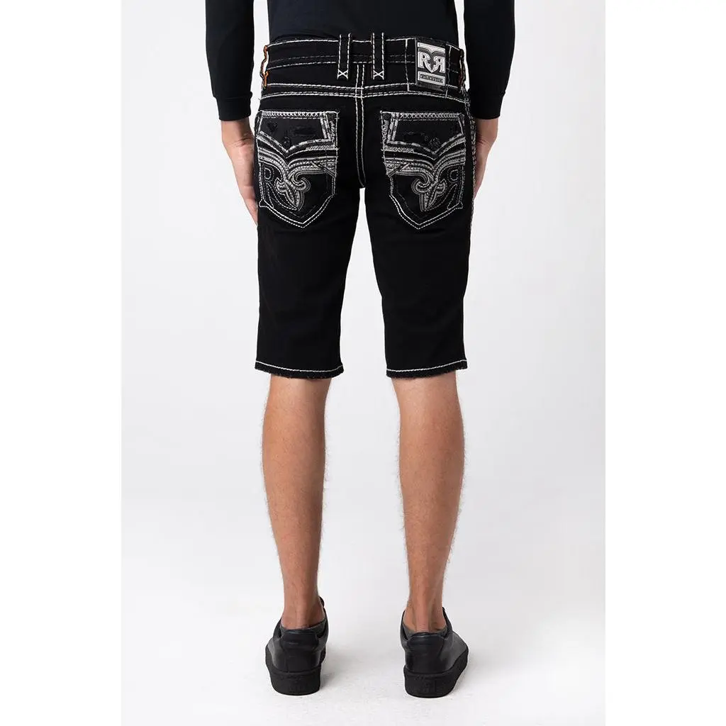 Rock Revival Menswear Men's Greyton Vintage Relaxed-Fit Stretch Denim Shorts - Distressed, with Fleur-de-Lis Embroidery and Pocket