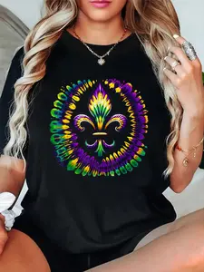 100% cotton Fleur De Lis Tie Dye Mardi Gras Men Women Carnival Outfit T-Shirt Women's Men's Graphic Tee,Casual Short Sleeve Shirt