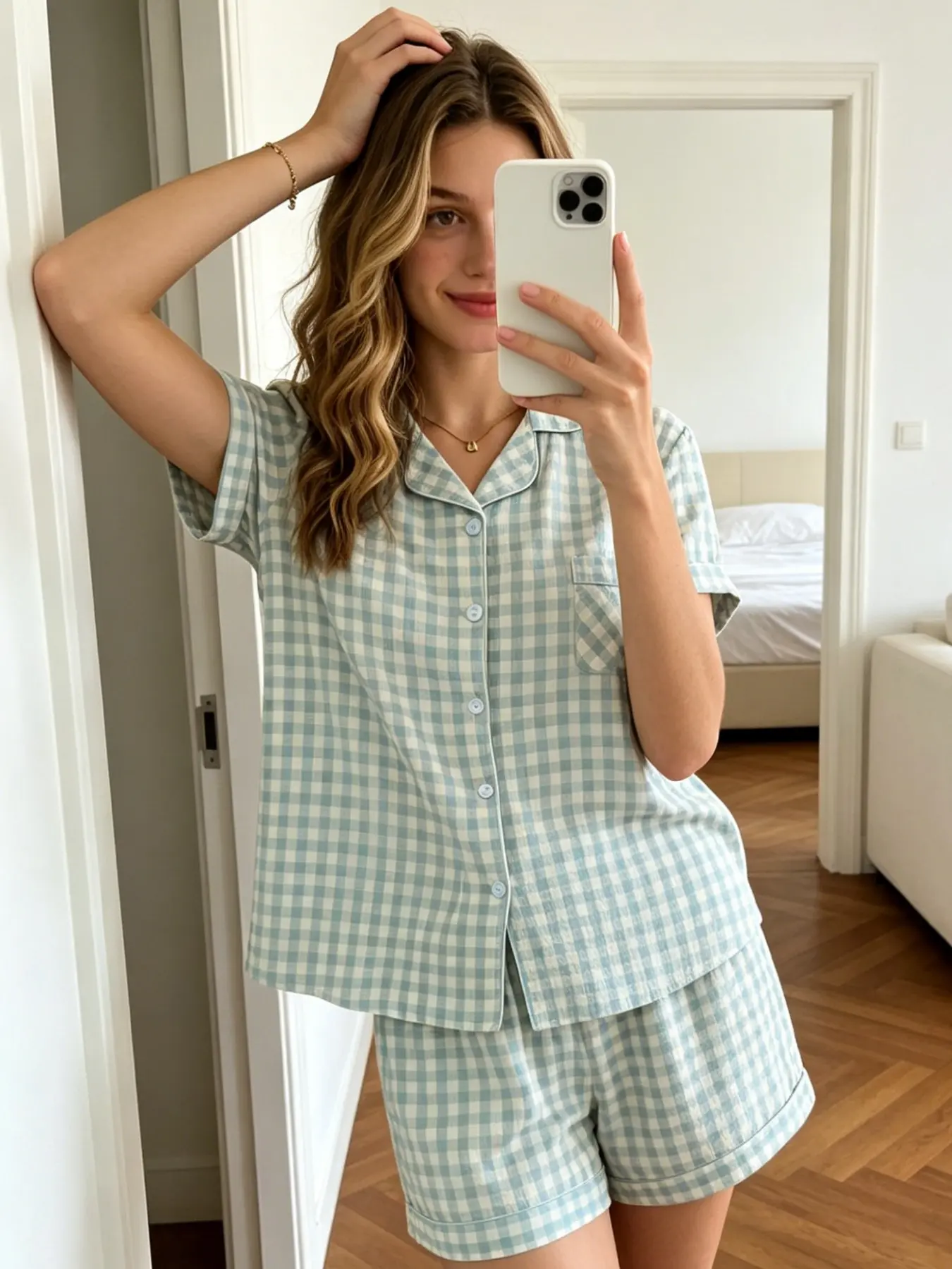 Women's Summer Pajamas Set & Loungewear Light Blue White Gingham Plaid Print Short Sleeve Button Down Collar Top and Shorts 2 Piece Outfit Soft Bubble Crinkle Casual Sleepwear Indoor Outdoor Daily Wear