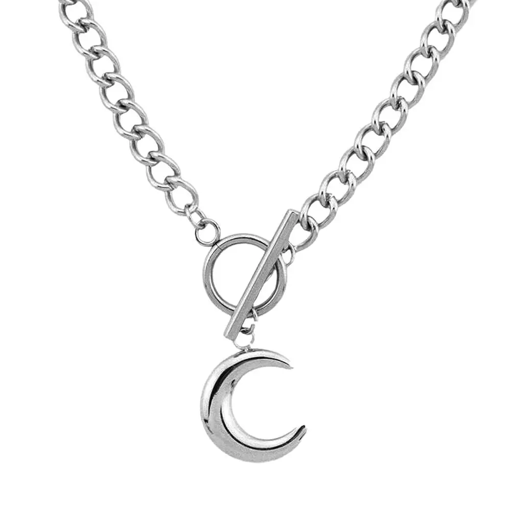 Jemant Silver Crescent Half Moon Pendant Necklace, Stainless Steel Cuban Link Toggle Clasp Chunky Thick Chain, Non-Tarnish Fashion Jewelry for Men Women, Meaningful Gifts for Birthday Christmas, Cuban Link Chain, Motherday, Bro, Daily Wear