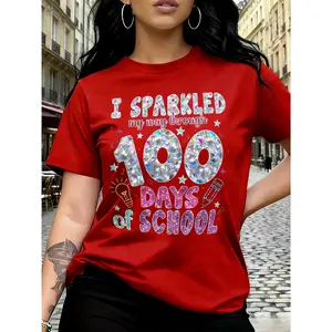 100% pure cotton, available in multiple colors, featuring "100 Days of Shining at School" pattern print, spring and summer pattern print T-shirt, short sleeve round neck casual top, suitable for spring and summer seasons, women's clothing