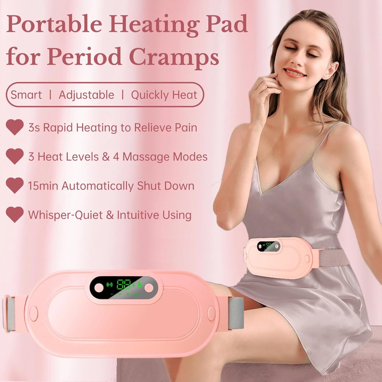 Heating Pad, Portable Cordless Fast Heated Pad, Electric Belly Wrap Belt with 3 Heat Levels & 4 Massage Modes, Menstrual Back Belly Pain Warm Gifts for Women Girls (Pink)