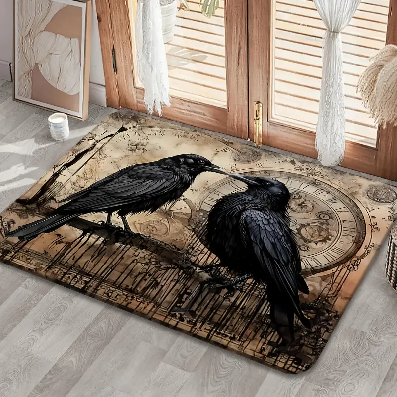 Rectangle Gothic Vintage Black Raven Steampunk Clock Soft Bohemian Washable Indoor Area Rug - Dark Academia Witchy Floor Mat for Entryway, Living Room Home Decor, Indoors