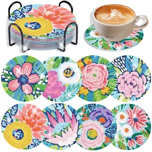 8-piece DIY Diamond Painting Coaster Kit, Floral Theme 5D Diamond Art Kit, Diamond Pattern Design, includes cork mat, tool kit, and storage rack. Suitable for adults.