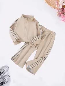 2-piece Spring/Autumn Girls' Fashion Striped Set Casual long-sleeved zip-up jacket with wide-leg trousers Baby girl color-block stand-collar cardigan jacket and trousers Suitable for girls aged 2-7 Ideal for outdoor and school wear Track Uniforms Girls