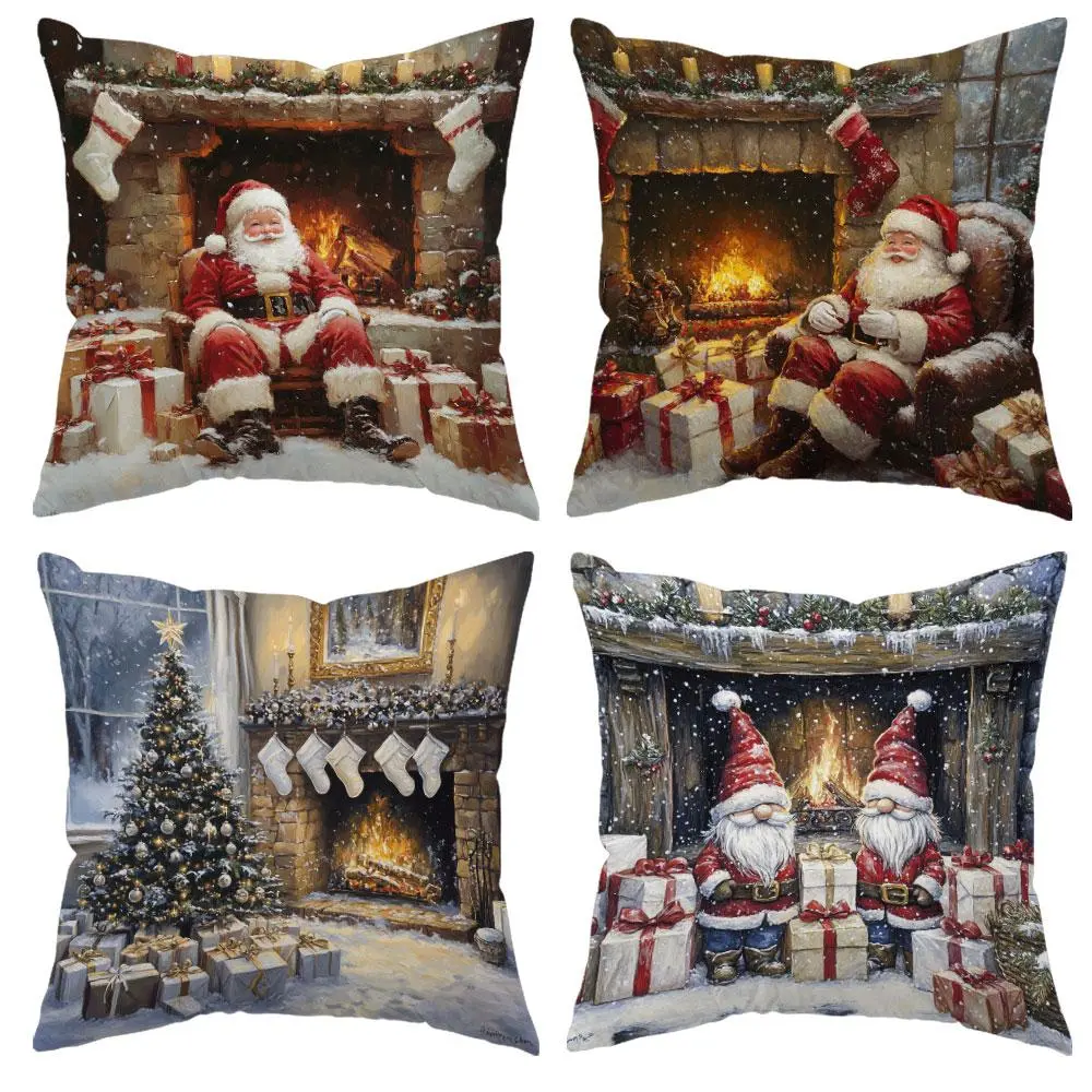 JIT Christmas Pillowcases Set of 4, Printed Santa Claus, Tree, Chimney Patterns, Soft Comfortable Decorative Pillows, 17.72x17.72 Inches