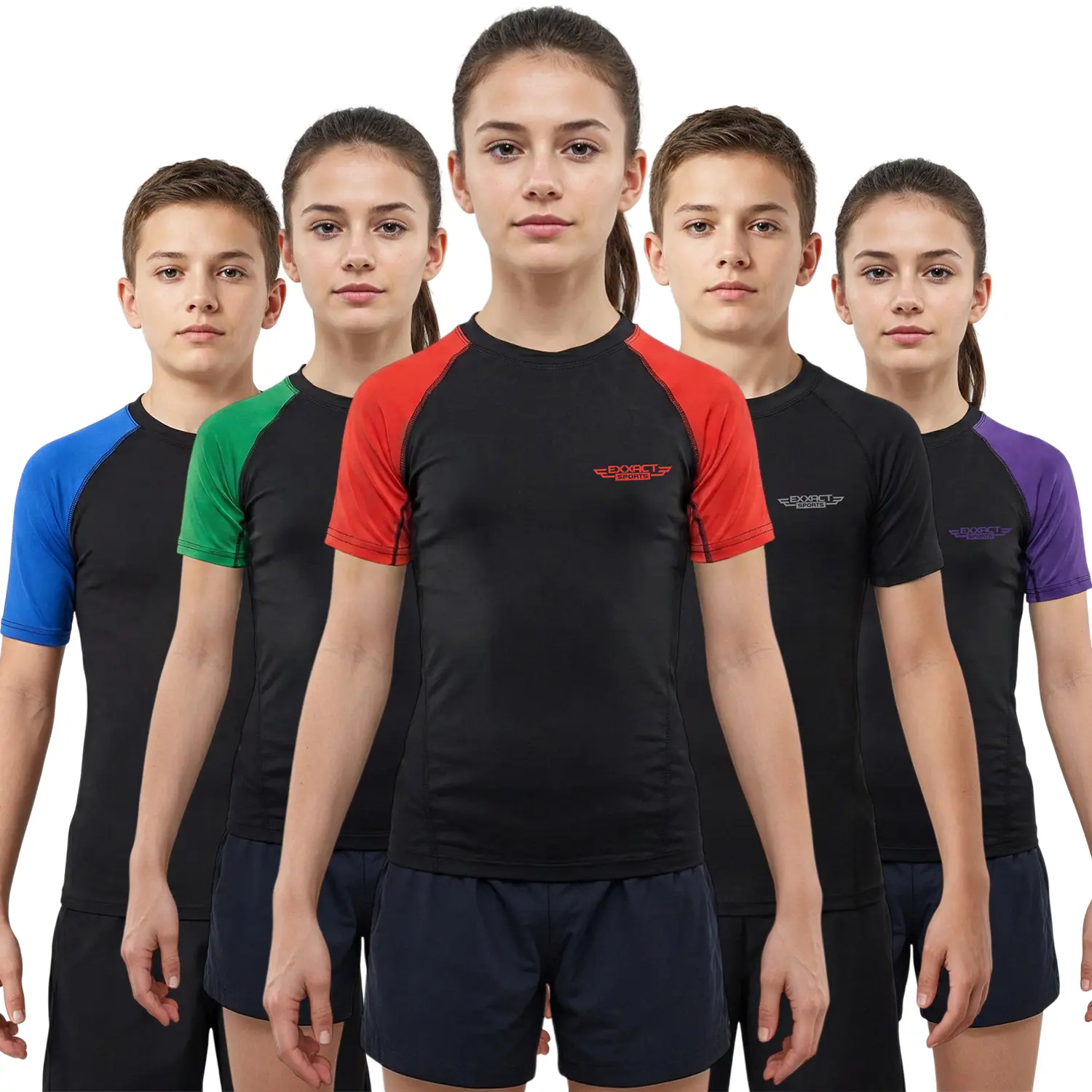 Exxact Sports Kids BJJ Short Sleeve Rash Guard - Unisex Clothes, Tagless Finish, Polyester-Spandex, Moisture-Wicking Fitted Crew Neck Compression Shirt for Combat Sports, No Gi Jiu Jitsu (Black/Red)
