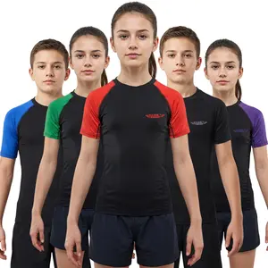 Exxact Sports Kids BJJ Rash Guard Short Sleeve, Ranked No Gi Jiu Jitsu Compression Shirt for Boys & Girls for MMA, Wrestling - (Black/Red)
