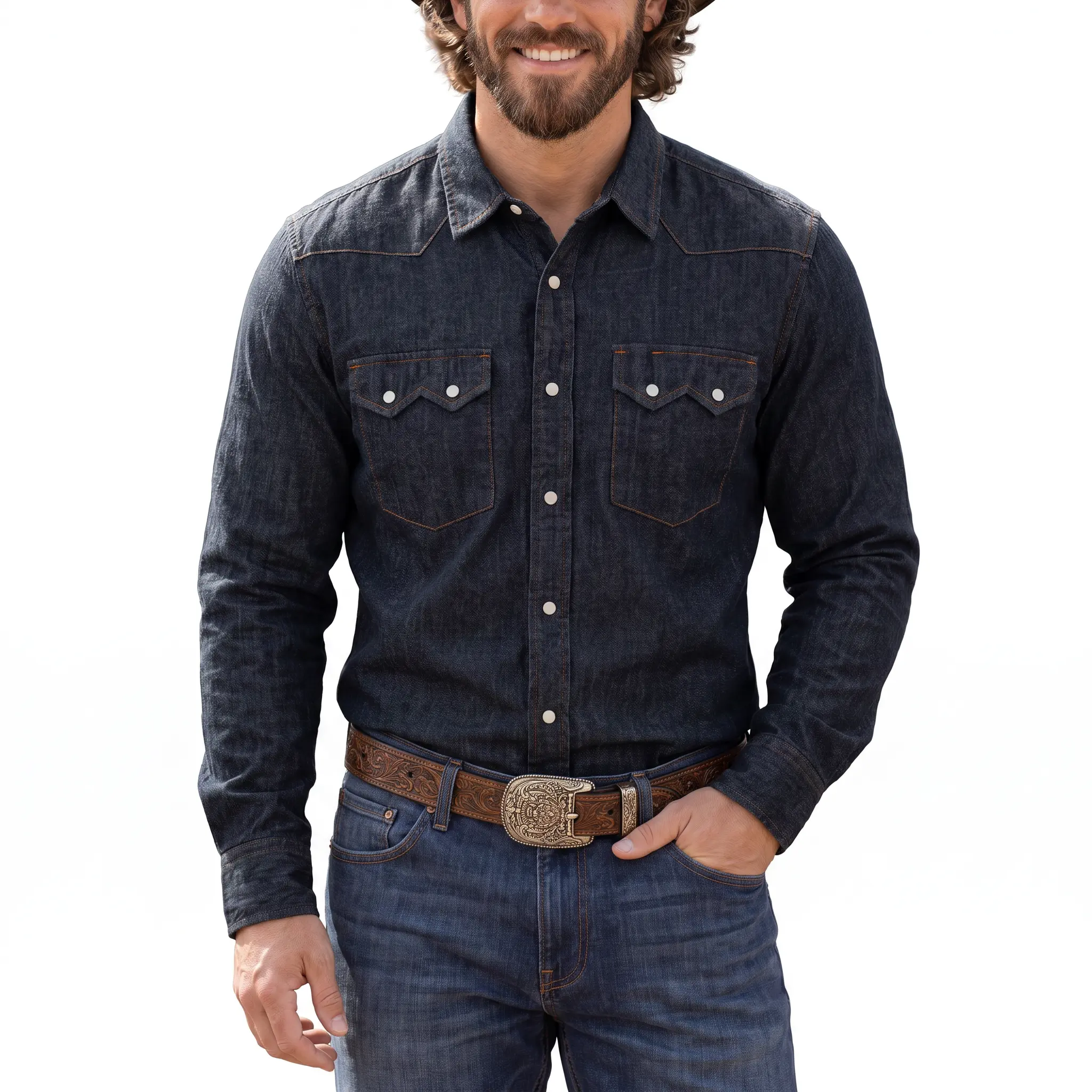 Kallspin Men's Western Denim Shirt Pearl Snap Button Down, Linen Blend Long Sleeve Cowboy Shirt Lightweight Casual Summer Top
