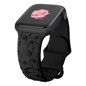 Cute Floral Bands for Apple Watch Band Women 40mm 41mm 38mm 45mm 44mm 42mm Ultra/2 49mm Girls Ladies,Rose Engraved Silicone Embossed Flower Pattern Strap for iWatch Series 9 8 7 6 SE/SE2 5 4 3 2 1 Accessories Wearable