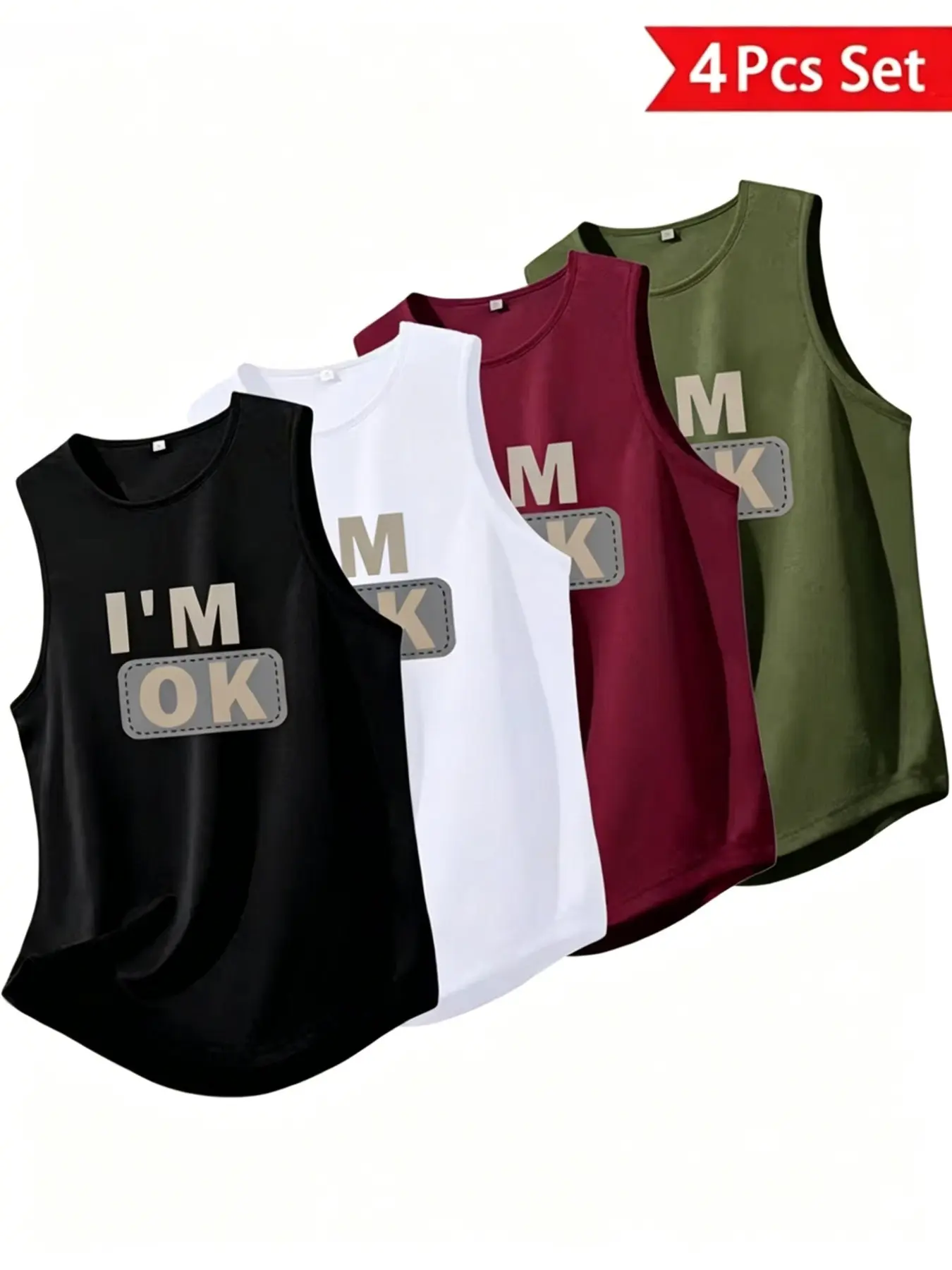 4-Pack Men's "I'M OK" Graphic Tank Tops | Casual Sleeveless Crew Neck Shirts, Soft Breathable Daily Tops for Men, S-2XL Multiple Sizes