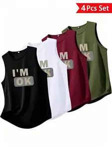 4-Pack Men's "I'M OK" Graphic Tank Tops | Casual Sleeveless Crew Neck Fitted Shirts, Soft Breathable Daily Menswear Tops for Men, Muscle Tank Tops, S-2XL Multiple Sizes, Sleeveless Tee Shirts, Breathable Muscle Tanks