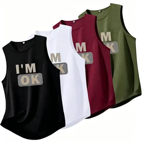 4-Pack Men's "I'M OK" Graphic Tank Tops, Casual Sleeveless Crew Neck Tops, Soft Breathable Daily Tops for Men, S-2XL Multiple Sizes, Sleeveless Vest Tops