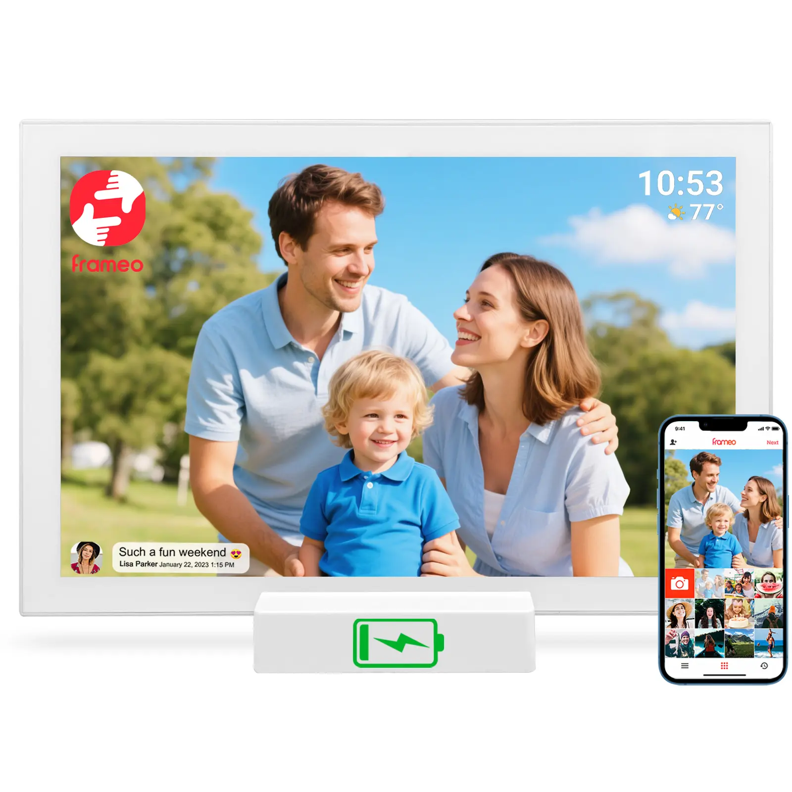 FRAMEO 10.1 inch WiFi Digital Picture Frame with Battery Super Slim Photo Frame,32GB HD IPS Touchscreen, Auto-Rotate, Wall-Mountable Easy Set up Share Photo or Video via Frameo APP