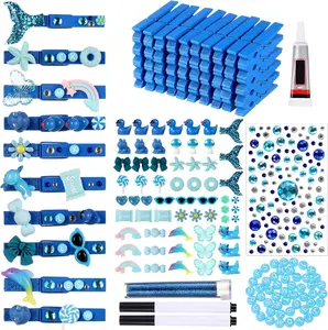 50 Sets Cheer Pins Spirit Clips Include Wooden Clothes Pins Mini   Bows Beads Letters Self Adhesive Stickers Pen for Cheerleaders Backpacks Gifts DIY Craft Accessories (Blue)