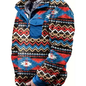 [Aztec Fuzzy Pullover] Warm Aztec Fuzzy Sherpa Pullover Sweatshirt - Men's Casual Chic Western Style with Pockets, Teal, Black, Brown & Beige Striped Pattern, Casual Stand Collar Knit for Fall/Winter, Winter Casual Wear