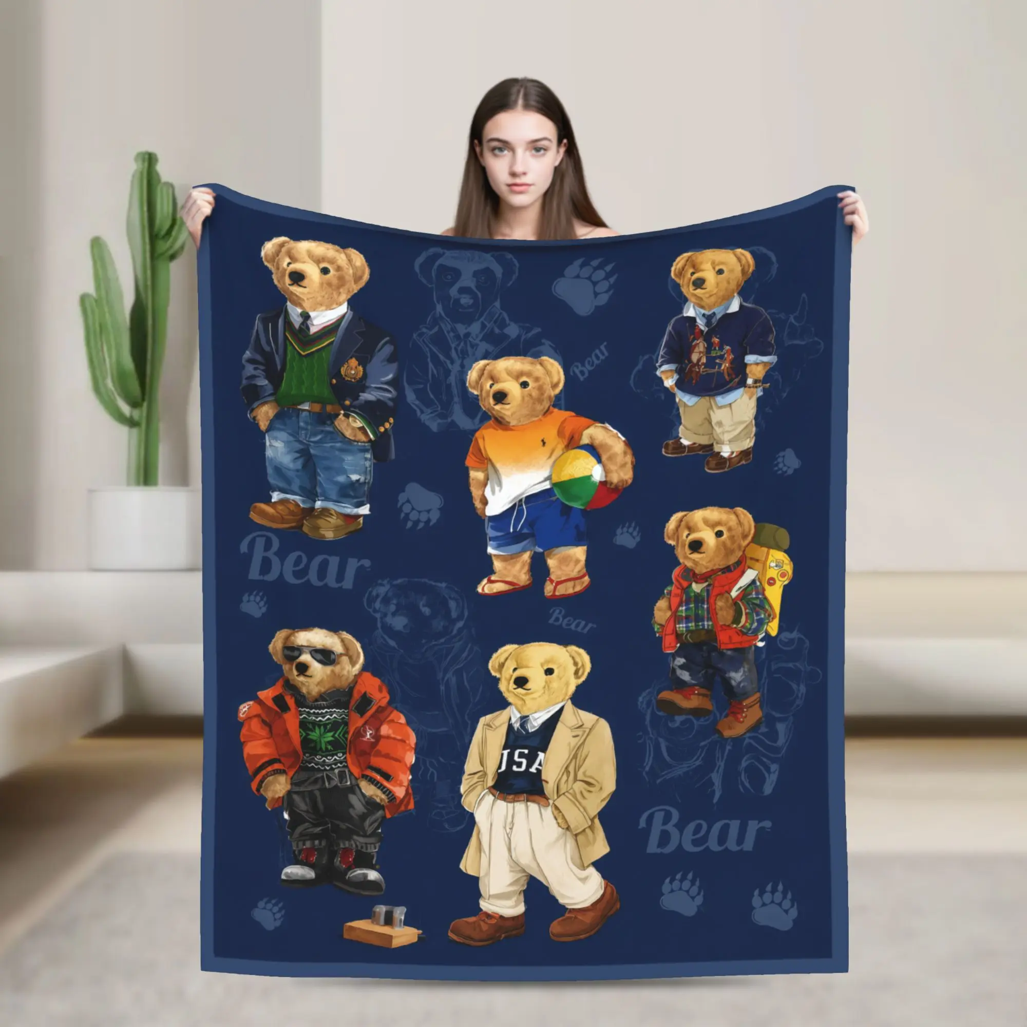 Teddy Bear Themed Flannel Throw Blanket Soft Warm Printed Bear Claw Print Skin Friendly Lightweight Cozy Multifunctional Blanket for Casual Outdoor Sofa Bedroom Travel Animal Theme Soft Throws