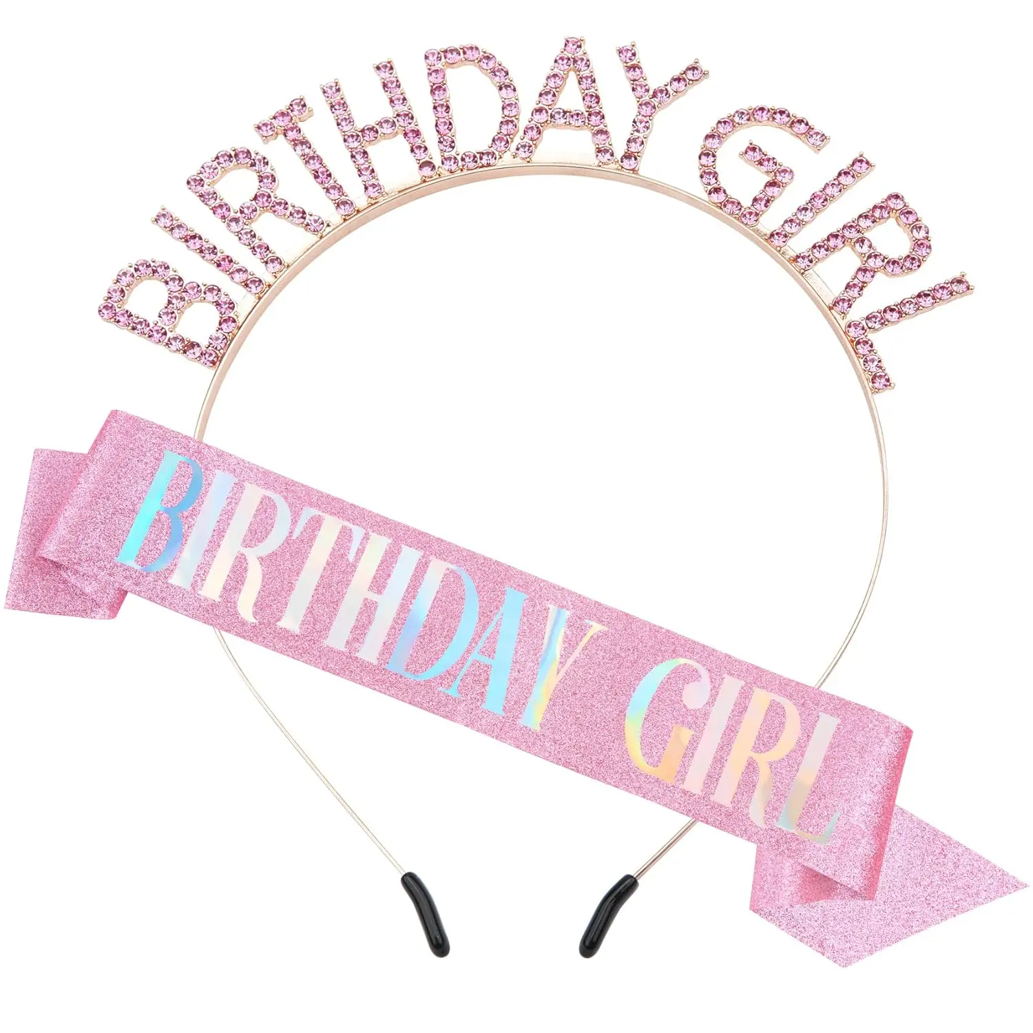 P-HDW015   Glitter Birthday Sash, Tiara and Rhinestone Headband Set - Pink Birthday Accessories for Her