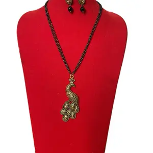 Mayur Traditional Double Layer Mayur Magalsutra Necklace with Matching Earrings Gold Peacock Design Jewelry Set