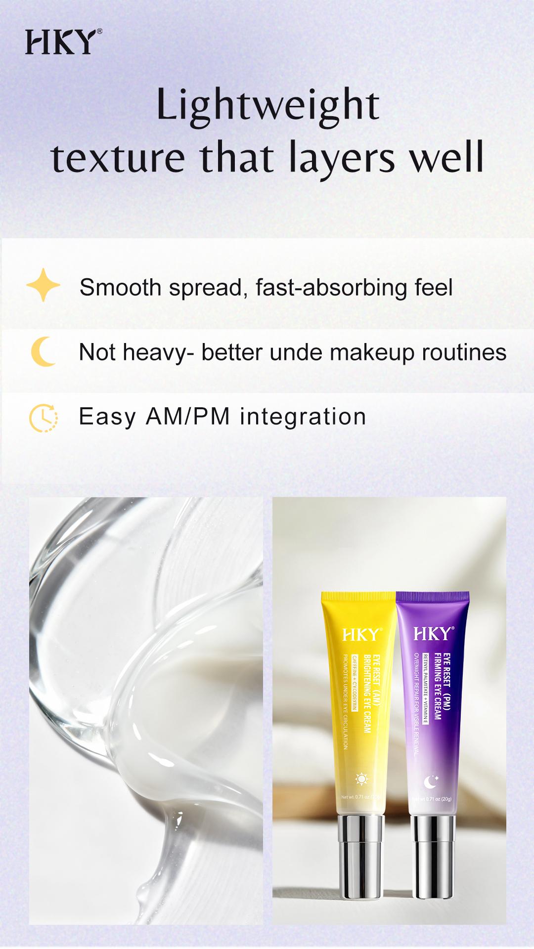 HKY Day & Night Eye Cream Set, AM Caffeine Under Eye Brightener for Dark Circles & Puffiness, PM Anti-Aging Collagen Treatment for Fine Lines & Wrinkles. Korean Skincare Firming Moisturizer Duo for Smooth Radiant Skin. Lightweight Hydrating Anti-Aging Kit