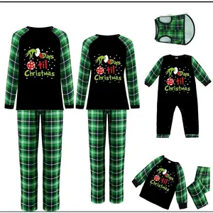 Christmas Pajamas Family 2Pcs Matching Set Holiday Pjs Green Plaid Long Sleeve Letters Print T-shirt Top ＋ Elastic Waist Loose Pants pijamada de navidad en familia Xmas Festival Jammies