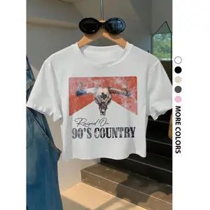 Women’s crop tee with bull head and letter print, round neck short-sleeve crew neck T-shirt for daily wear, holidays, vacations, and outdoor activities; ladies’ summer clothing, TopGARMENTARY