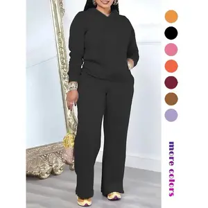 Two-piece Set Women's Solid Drawstring Longsleeves Hoodie & High Waist Pants Set, Two Piece Set Women, Casual Long Sleeve Pocket Hooded Sweatshirt & Straight Leg Trousers Womenswear for Spring & Fall, Ladies' Clothes for Daily Wea