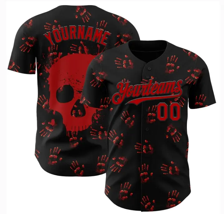 Black Red Skull Baseball Jersey | Bloody Handprint Graphic Button-Up Shirt | Halloween Horror Sportswear