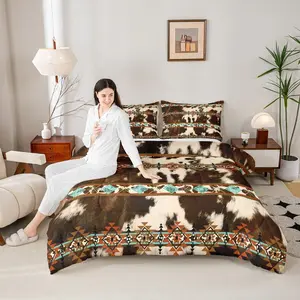 Cowhide Comforter Set,Western Bedding Set,Brown Cow Print Quilt Exotic Diamond Aztec Tribe Down Comforter,Gifts for Women