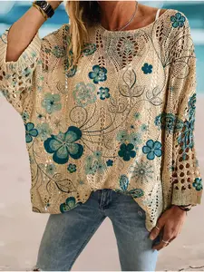 Women's Butterfly Floral Print Long Sleeve Knit Top, Casual Elegant Chic Vacation Style Sweater, Loose Batwing Shoulders, Spring & Fall Fashion Knitwear